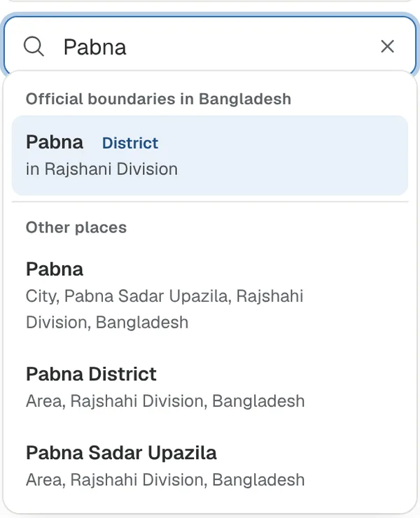 StudyMap search box with Pabna typed in, showing Pabna District as an official boundary and other places below